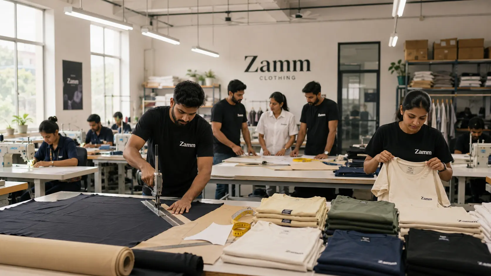 T-shirt production floor with finished garments at Zamm Enterprises