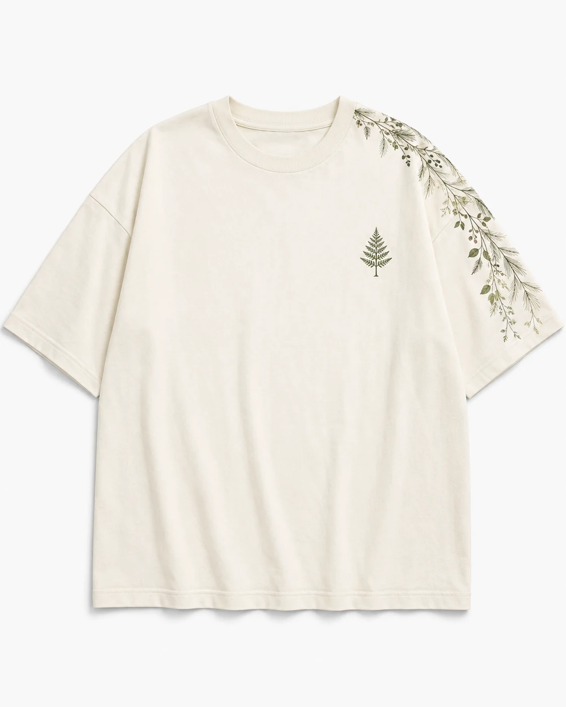 Ivory round neck T-shirt with botanical shoulder print front view