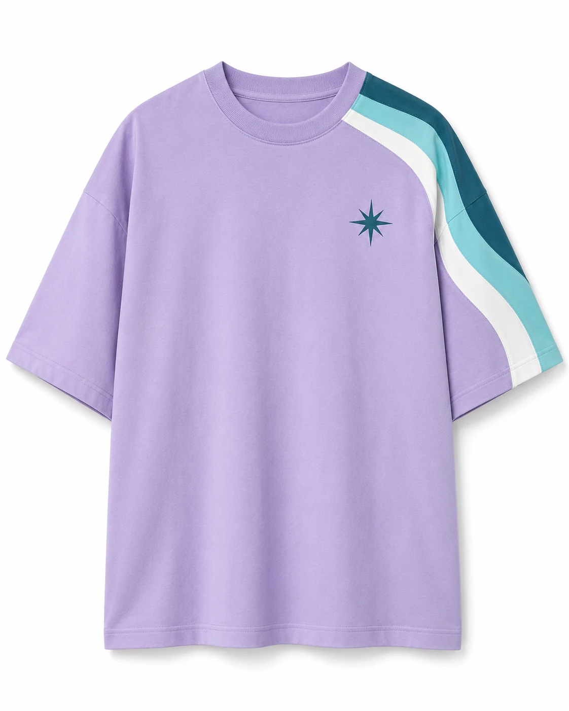 Lavender round neck T-shirt with teal wave panels front view