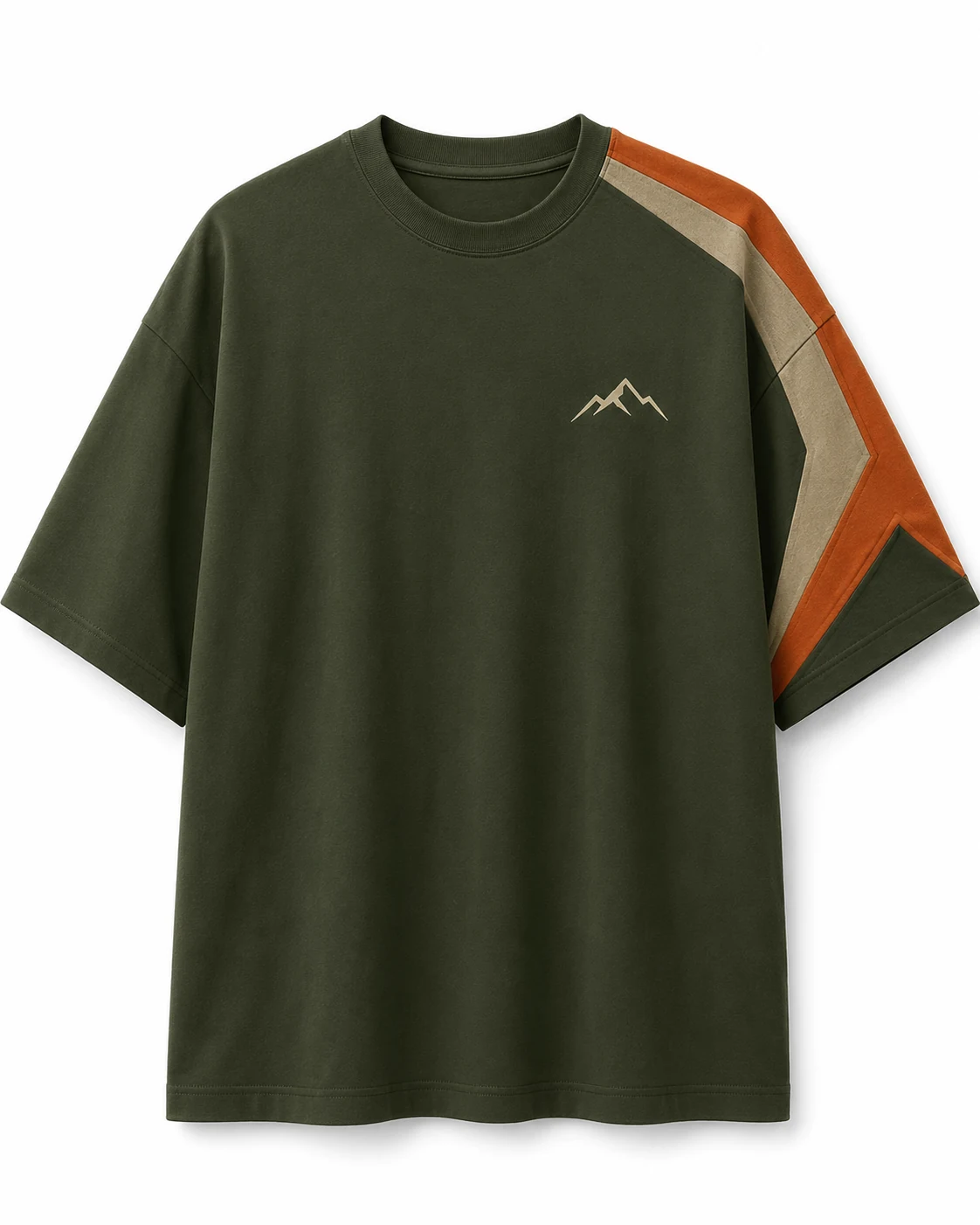 Olive round neck T-shirt with rust and beige contrast panels front view