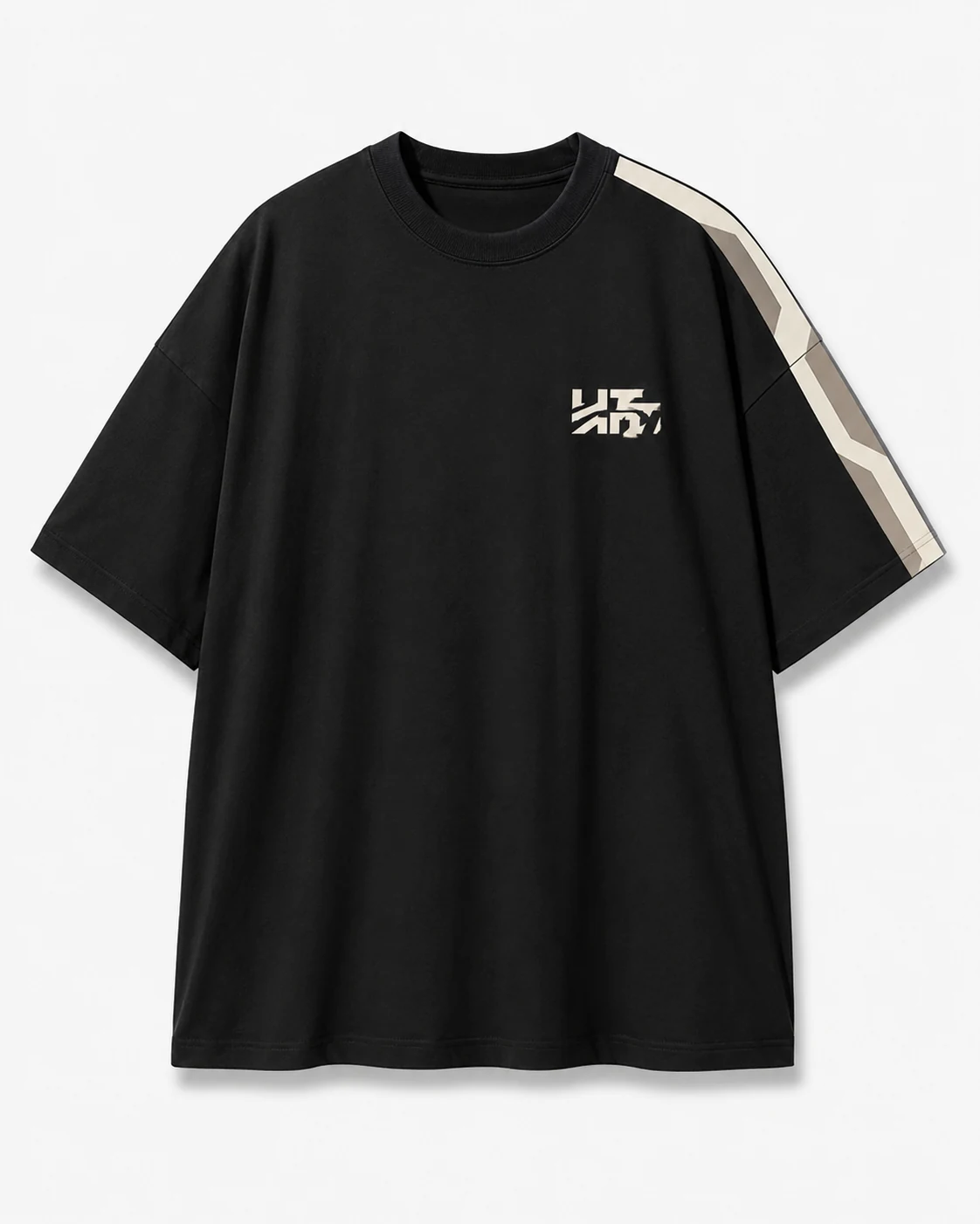 Black round neck T-shirt with contrast shoulder stripes front view