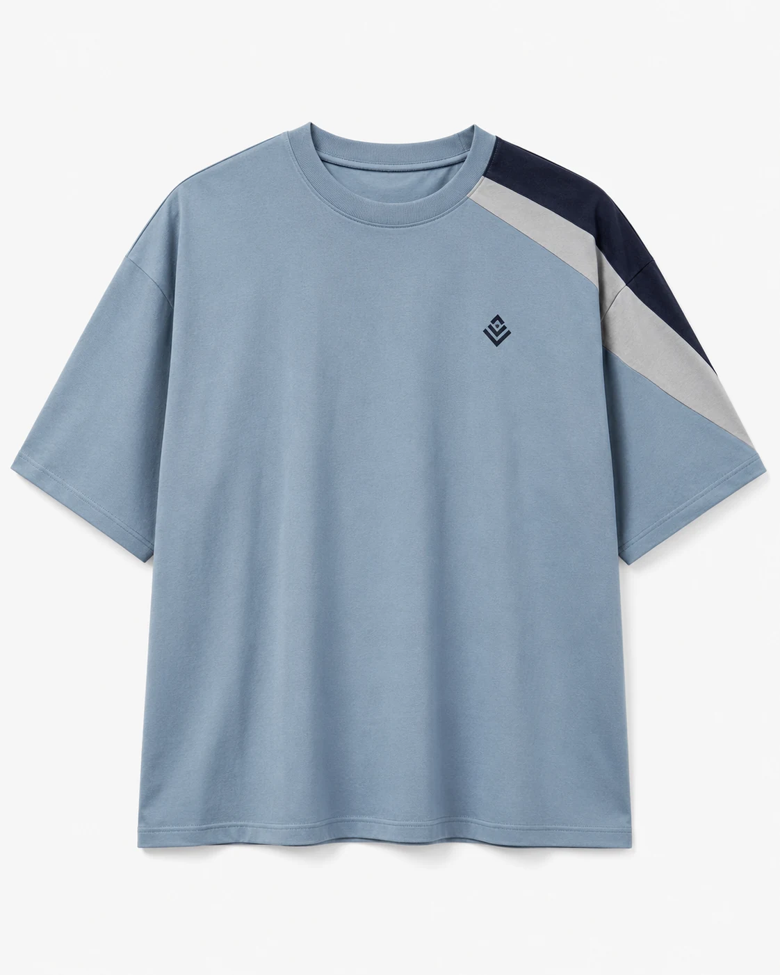 Sky blue round neck T-shirt with navy contrast panels front view