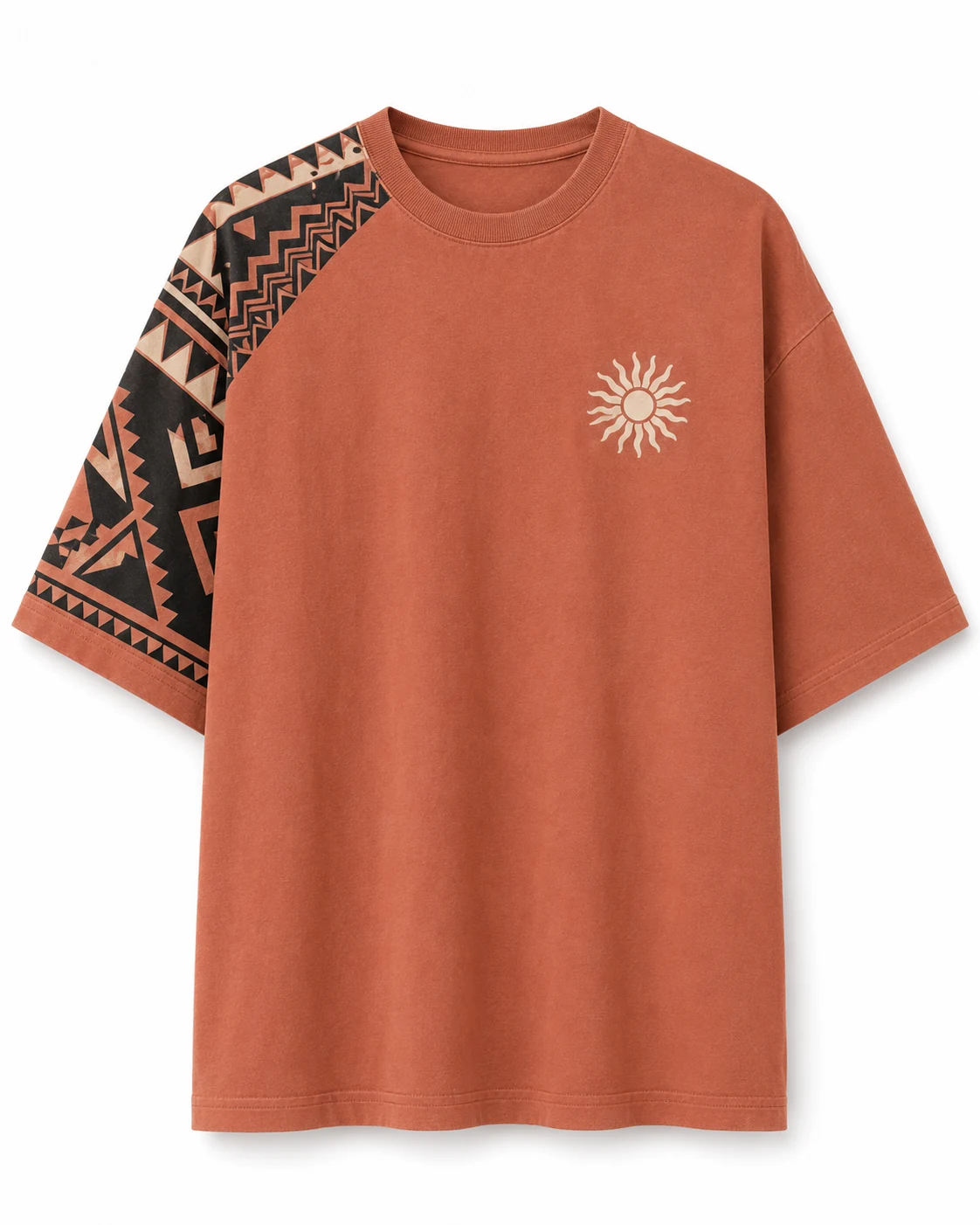 Terracotta round neck T-shirt with heritage patterned sleeves front view